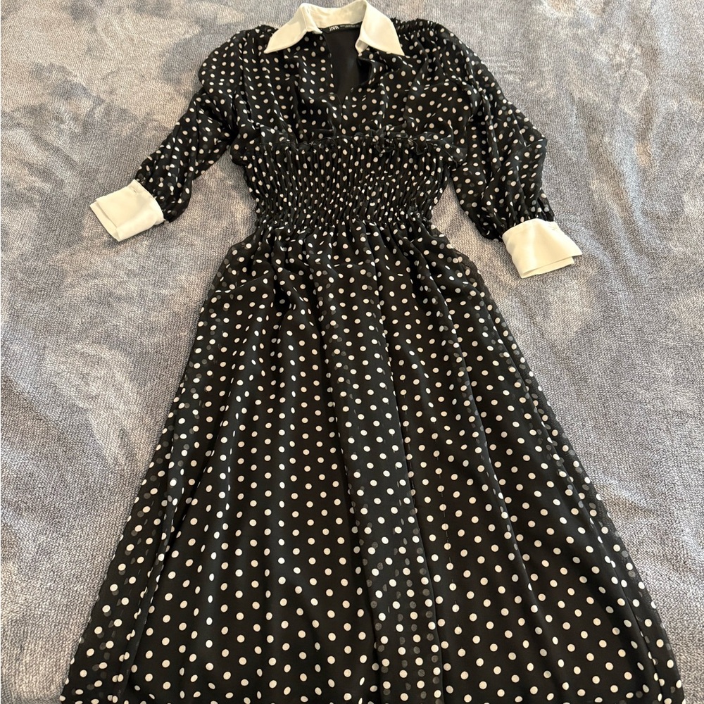 Zara Black and White Polka Dot Long Sleeve Dress - Picture 2 of 4